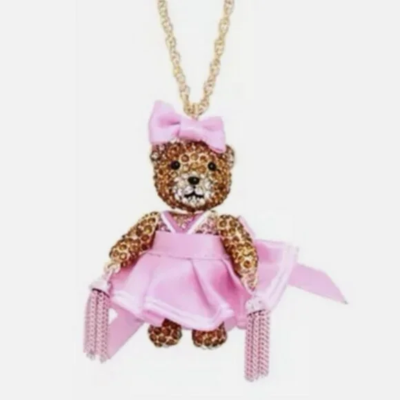Betsey Johnson Cheerleader Bear Pendant Necklace Pink NWT - Picture 1 of 10